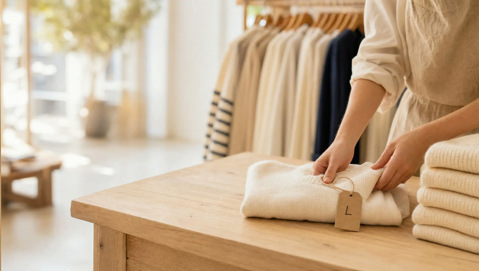 Inne i klesbutikken Tråd & Co: hender bretter en hvit genser med en merkelapp der det står L, ved siden av en stabel med flere.
