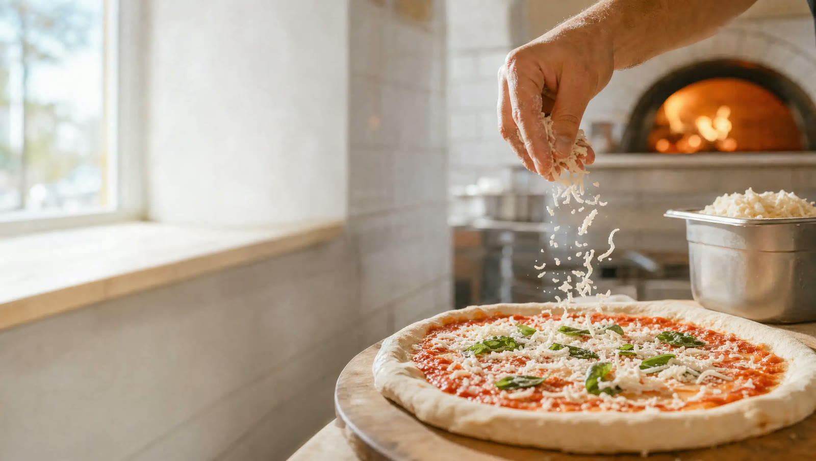 På kjøkkenet hos Pizza Forno: en hånd drysser revet ost over en margherita foran vedovnen, med en stor beholder full av ost ved siden av.