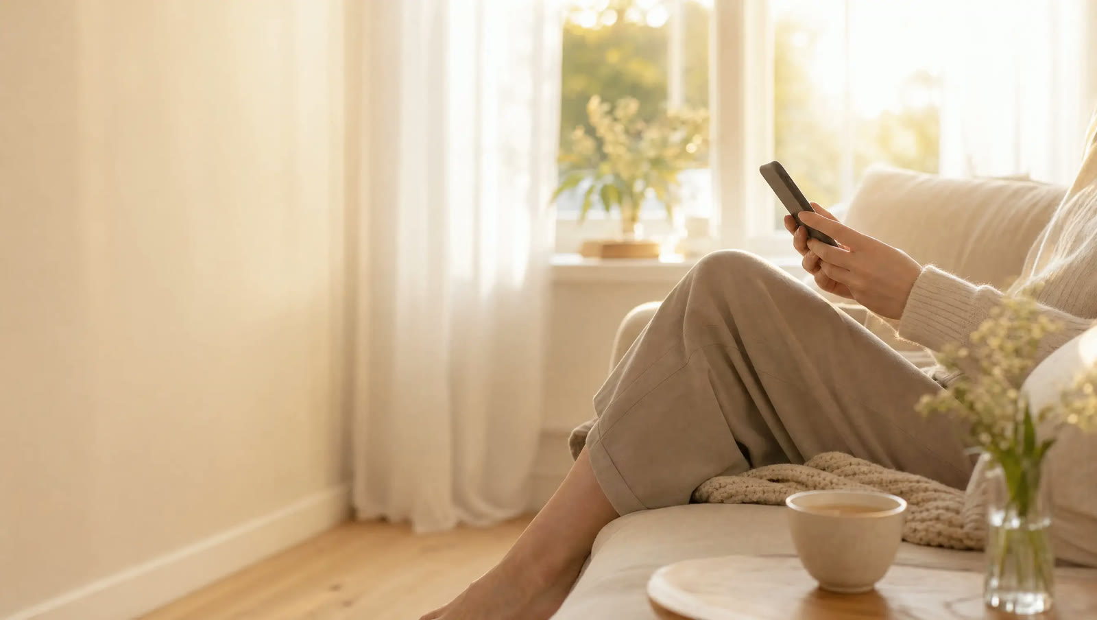 Etter stengetid: eieren sitter i sofaen med telefonen og en kopp te i kveldslyset.